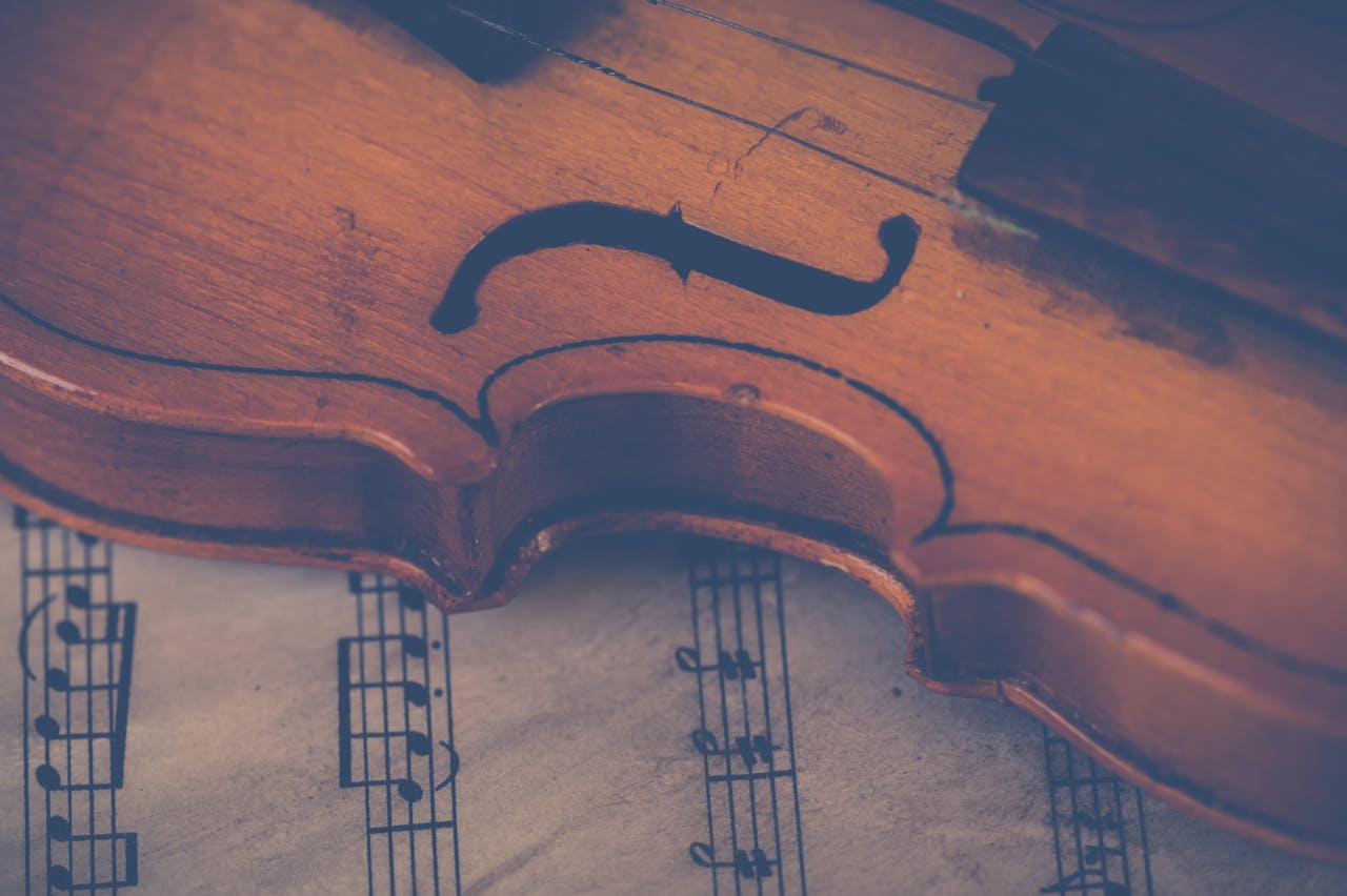 Artistic close-up of a violin on sheet music, highlighting musical elegance.